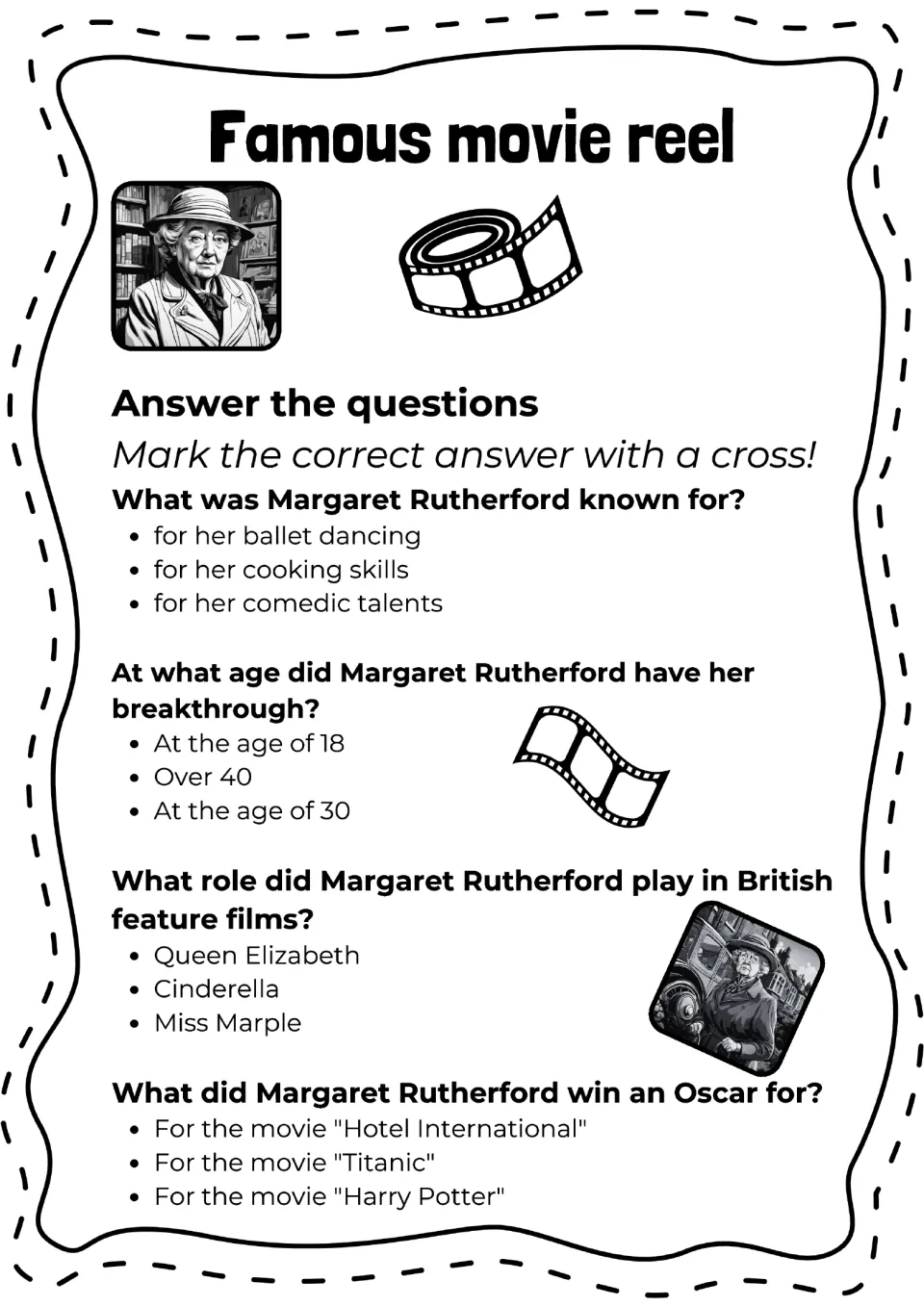 Four-question Margaret Rutherford quiz asks about her talents, breakthrough age, film role, and Oscar