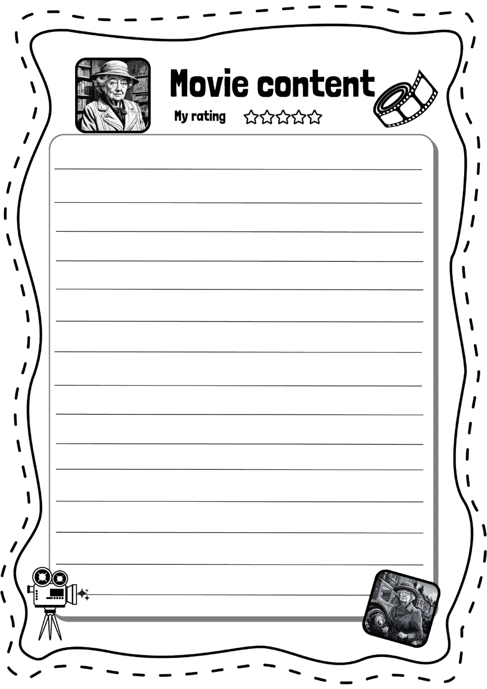Optional Movie content writing sheet for summarizing a Miss Marple film, with a five-star rating scale