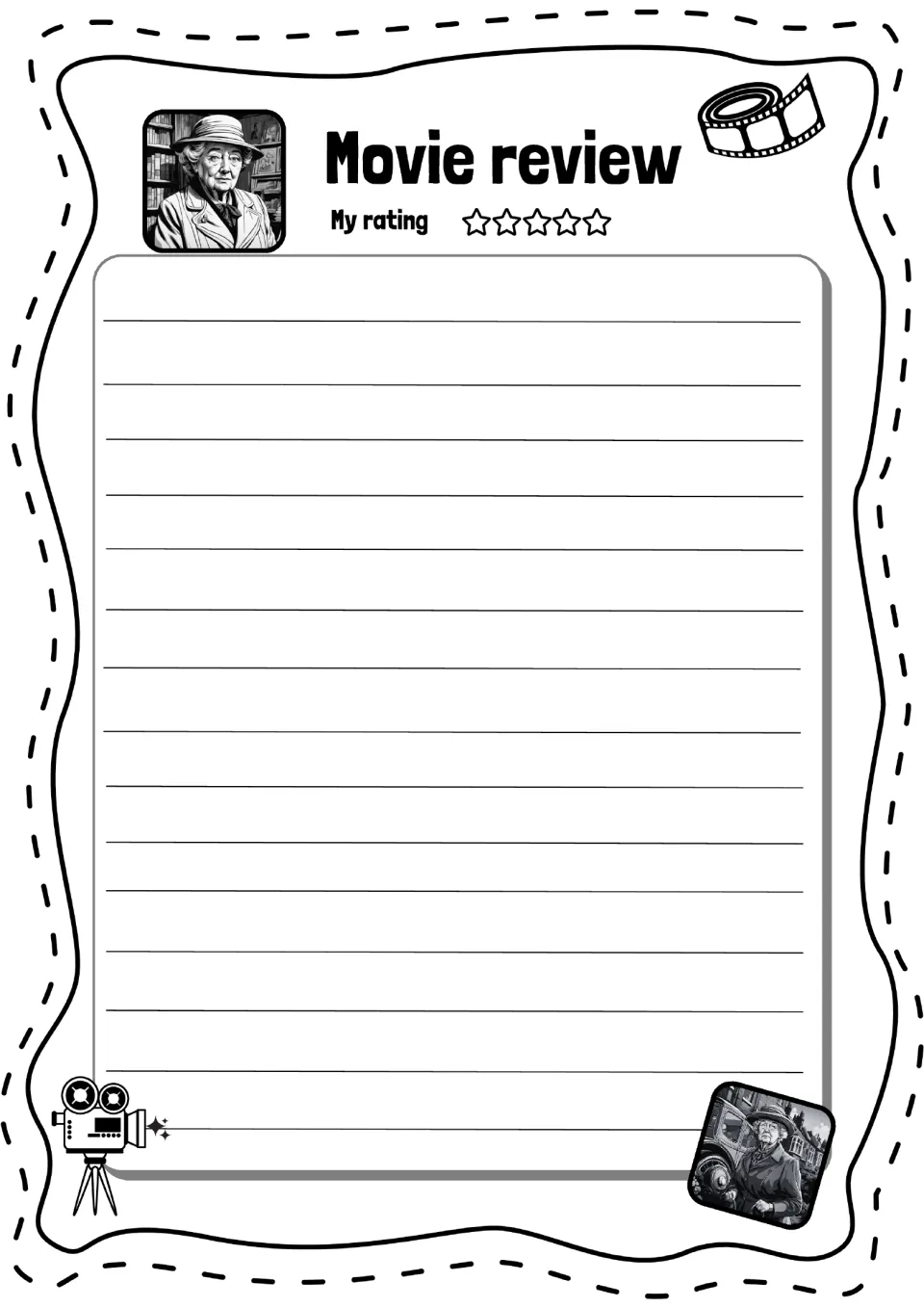 Optional Movie review writing sheet for reviewing a Miss Marple film, with a five-star rating scale