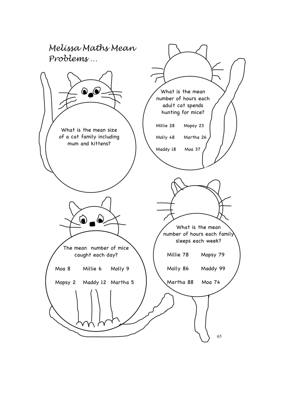 Mean problems: students find mean cat family size, hours hunting mice, mice caught daily and family sleep hours per week