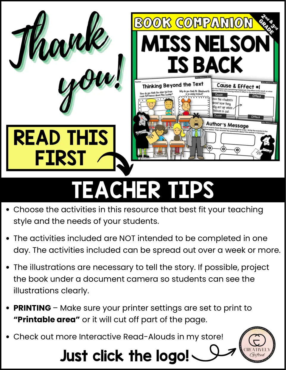 Read This First teacher tips for the Miss Nelson Is Back book companion: pacing, projecting illustrations, printing