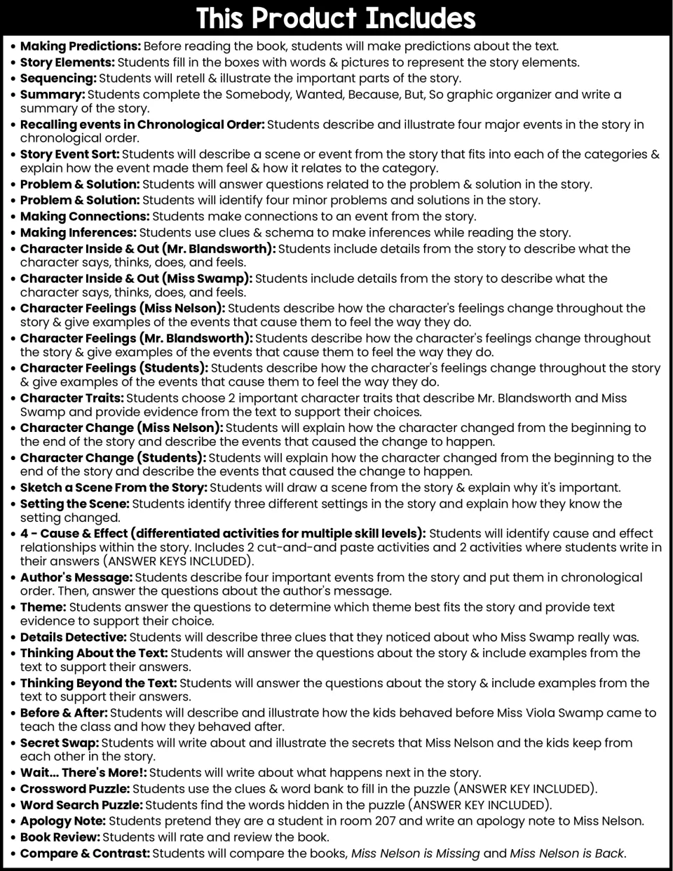 Contents list of the activities included: predictions, story elements, sequencing, summary, character studies, puzzles