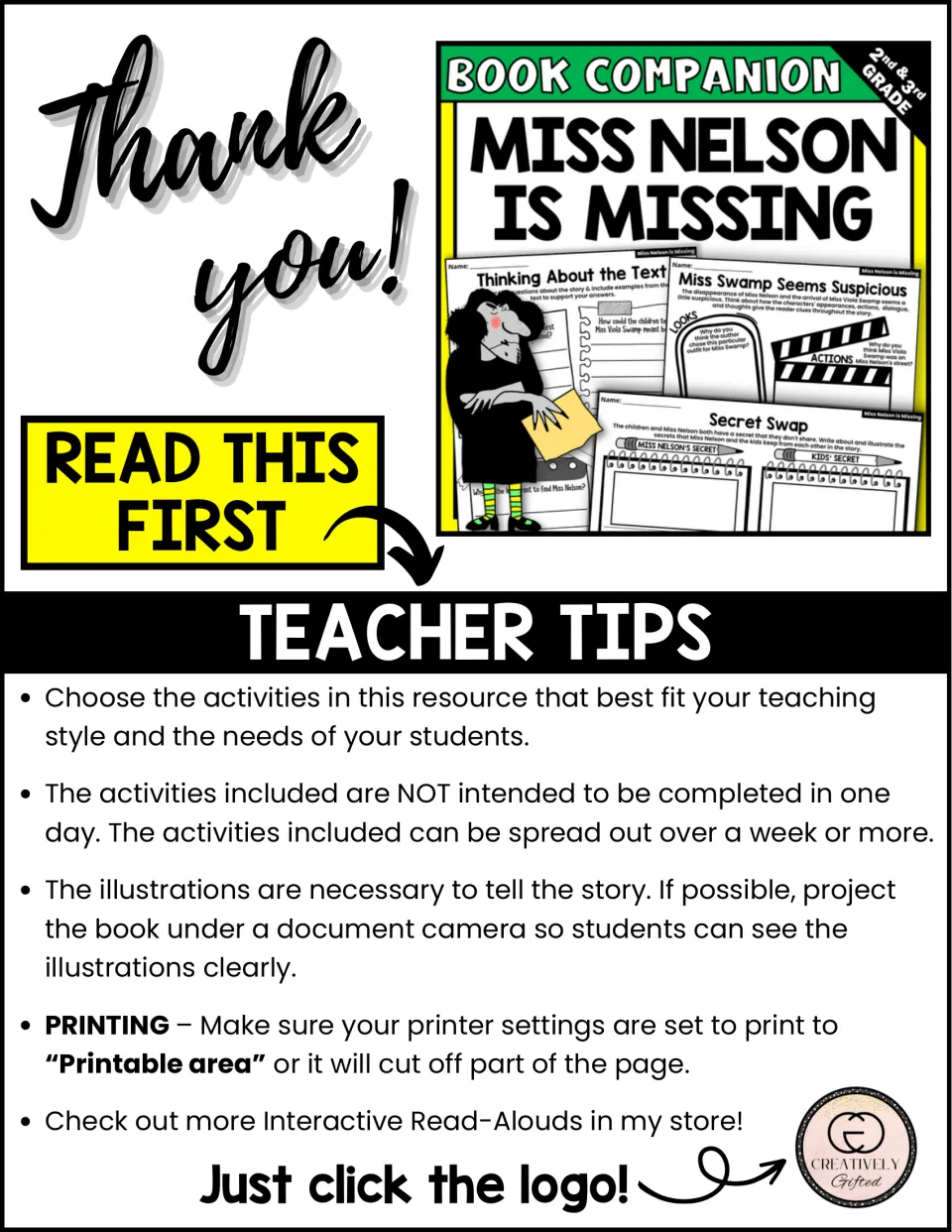 Teacher tips for the Miss Nelson book companion: choose activities, spread them over a week, project the book