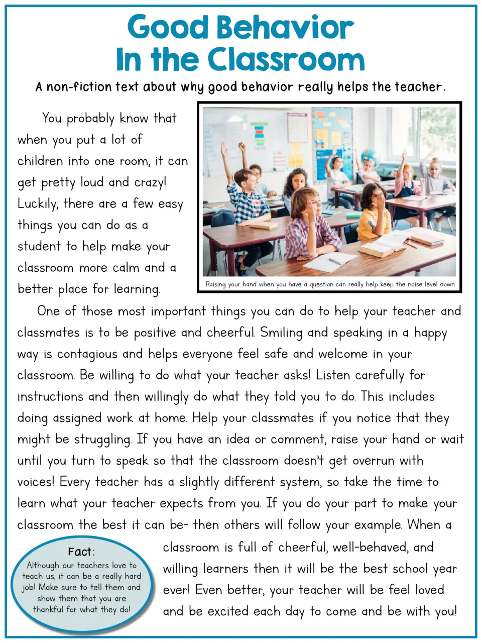 Good Behavior In the Classroom: nonfiction reading on raising hands, listening and helping, with a fact box