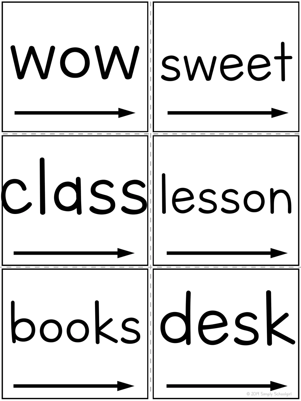 Word cards: wow, sweet, class, lesson, books and desk, each with an arrow under the word for tracking while reading