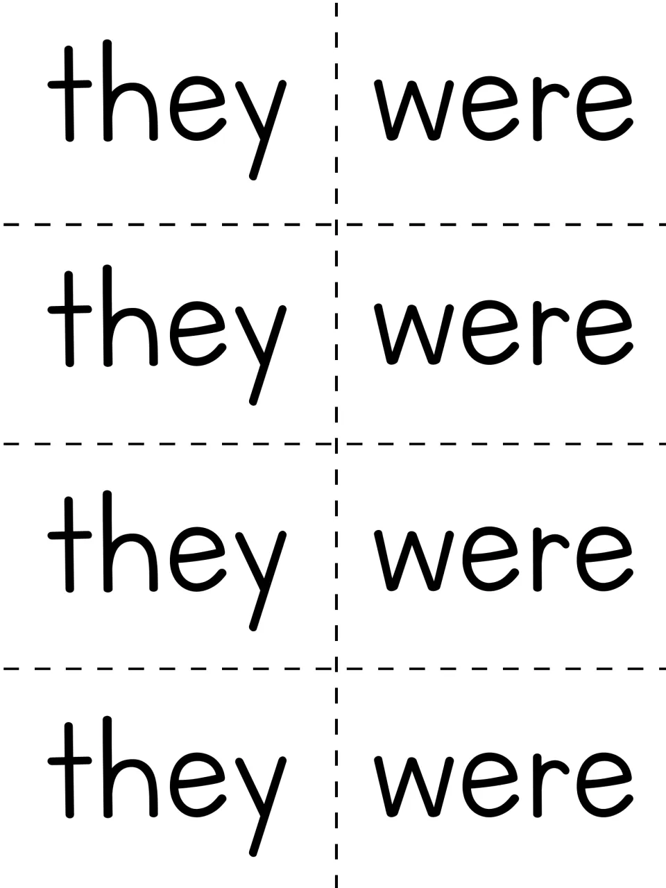 Sight word cards: four cut-apart pairs of they and were for word recognition practice