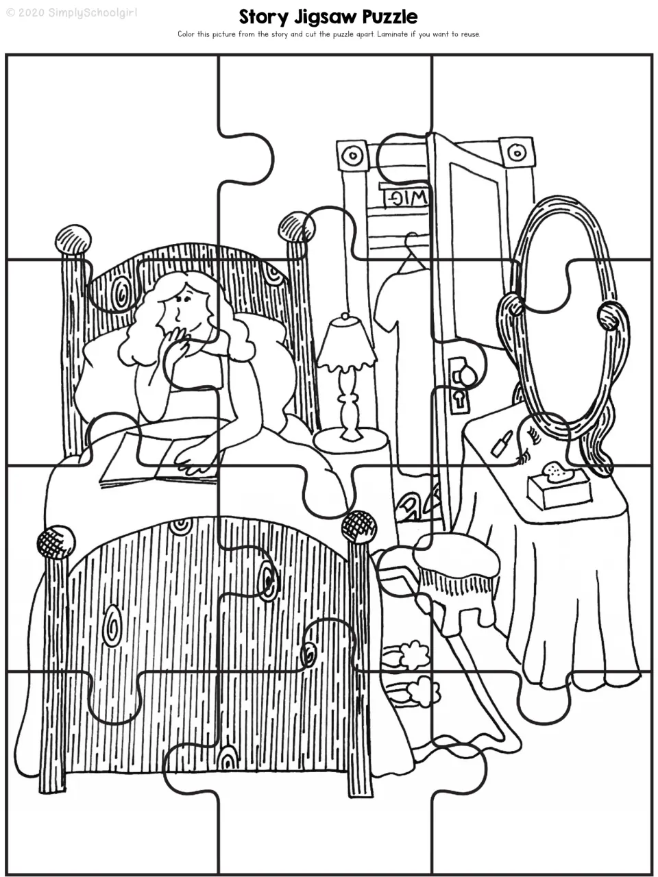 Story Jigsaw Puzzle: students color the bedroom scene, then cut it into 12 puzzle pieces to reassemble