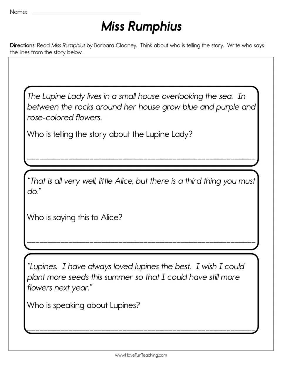 Miss Rumphius point of view: students read three story passages and write who is telling or saying each one