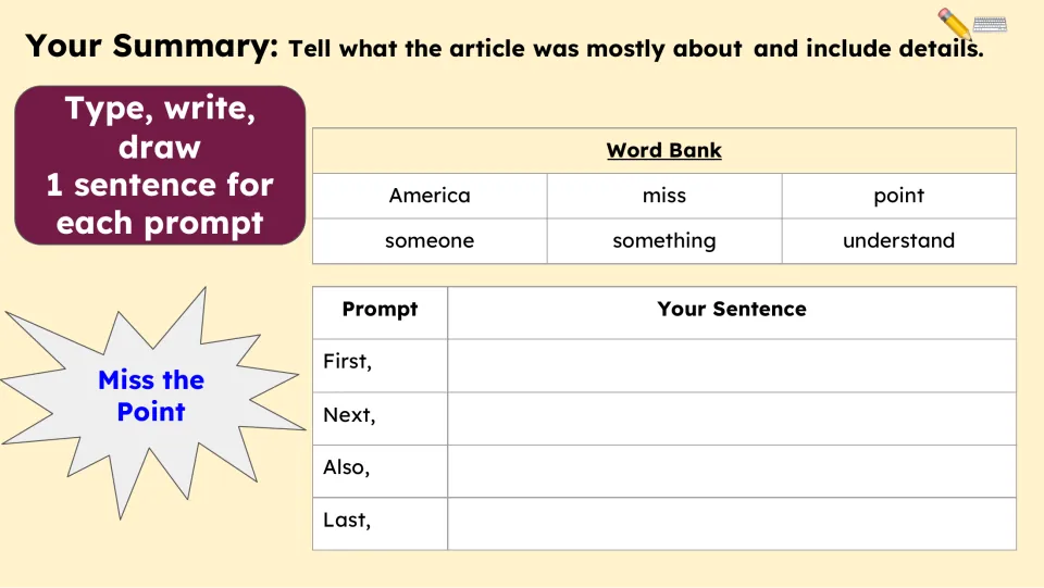 Summary activity asks for one sentence each using First, Next, Also, and Last, supported by a six-word bank