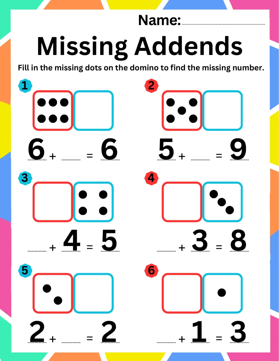 Missing addends with dominoes: students draw the missing dots to solve 6+_=6, 5+_=9, _+4=5, _+3=8, 2+_=2 and _+1=3