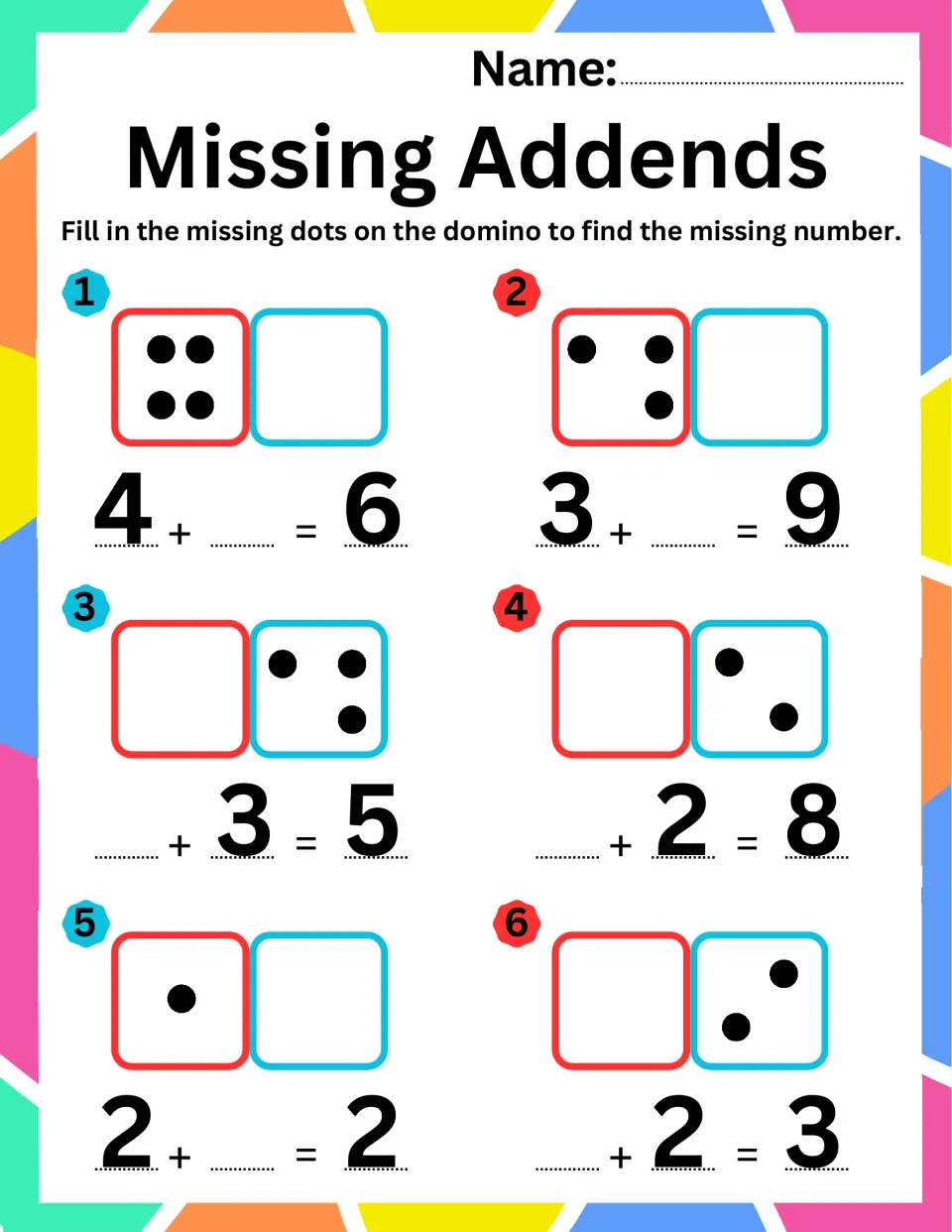 Missing addends: students fill in domino dots to find the unknown number in 4+_=6, 3+_=9, _+3=5, _+2=8, 2+_=2, _+2=3