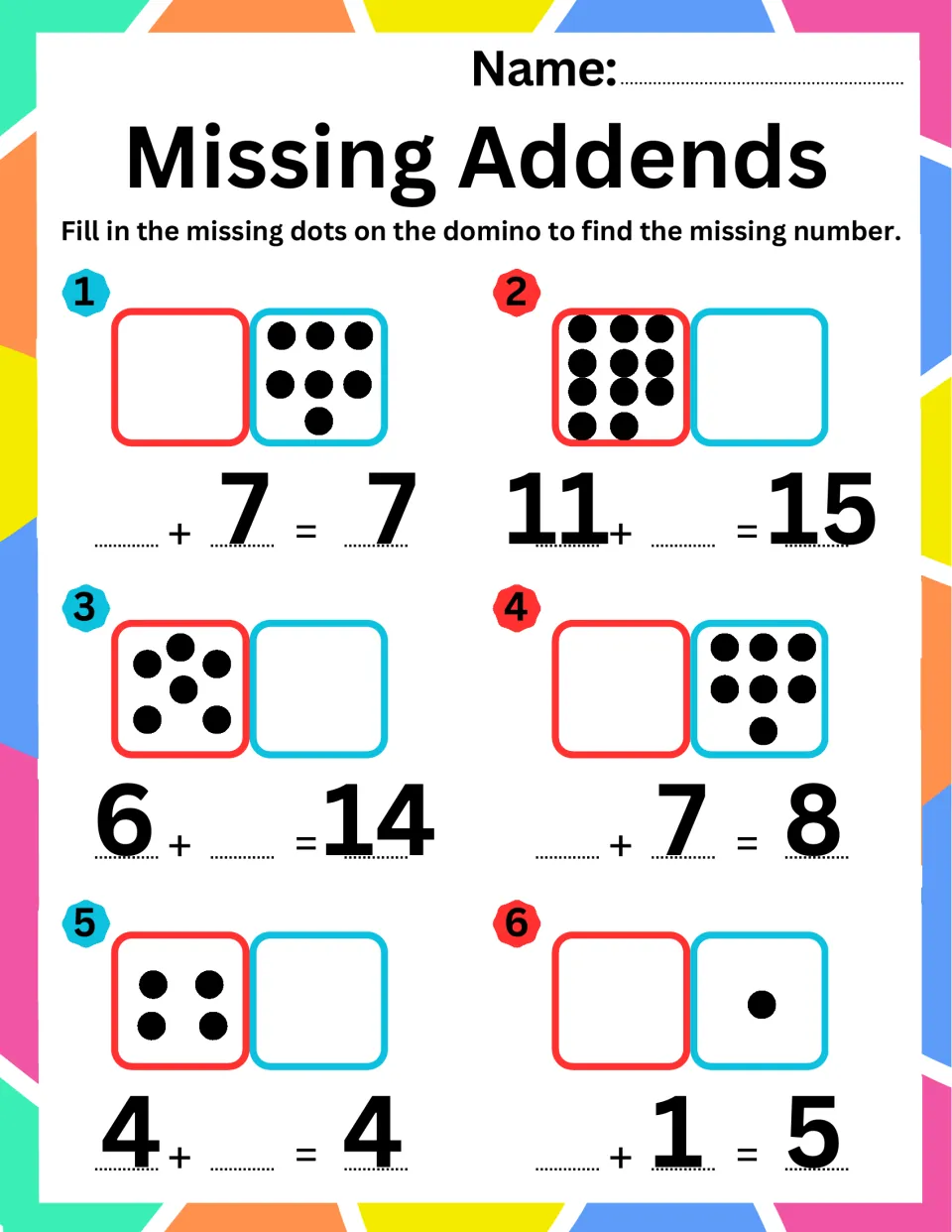 Missing addends to 15: students complete the domino dots to solve _+7=7, 11+_=15, 6+_=14, _+7=8, 4+_=4 and _+1=5