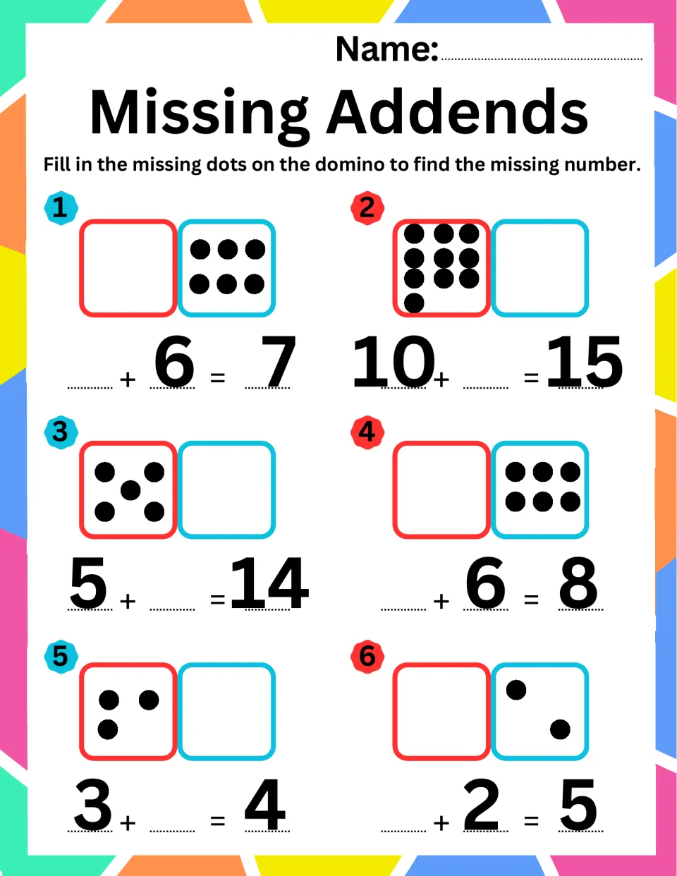 Domino addition with an unknown part: students draw dots for _+6=7, 10+_=15, 5+_=14, _+6=8, 3+_=4 and _+2=5