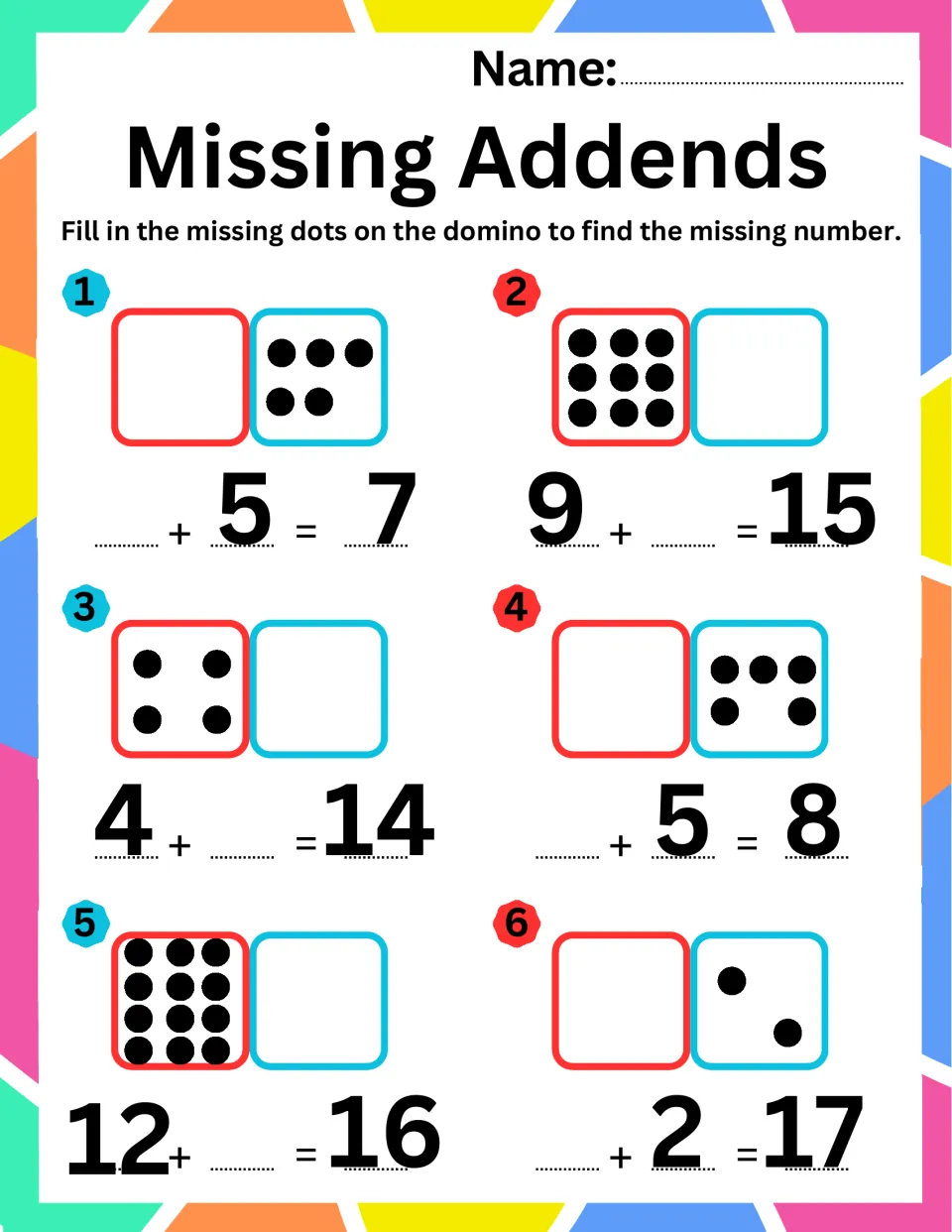 Missing addends to 17: students fill domino dots to solve _+5=7, 9+_=15, 4+_=14, _+5=8, 12+_=16 and _+2=17