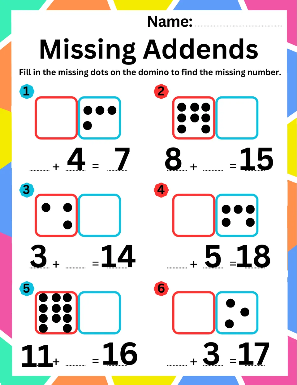 Missing addends to 18: students add the missing domino dots for _+4=7, 8+_=15, 3+_=14, _+5=18, 11+_=16, _+3=17