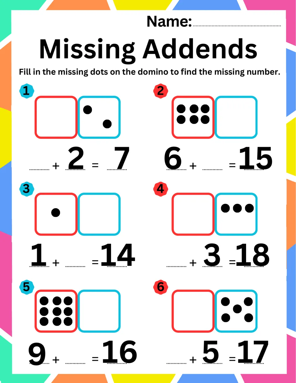 Domino missing addends with teen totals: students draw dots to solve _+2=7, 6+_=15, 1+_=14, _+3=18, 9+_=16, _+5=17