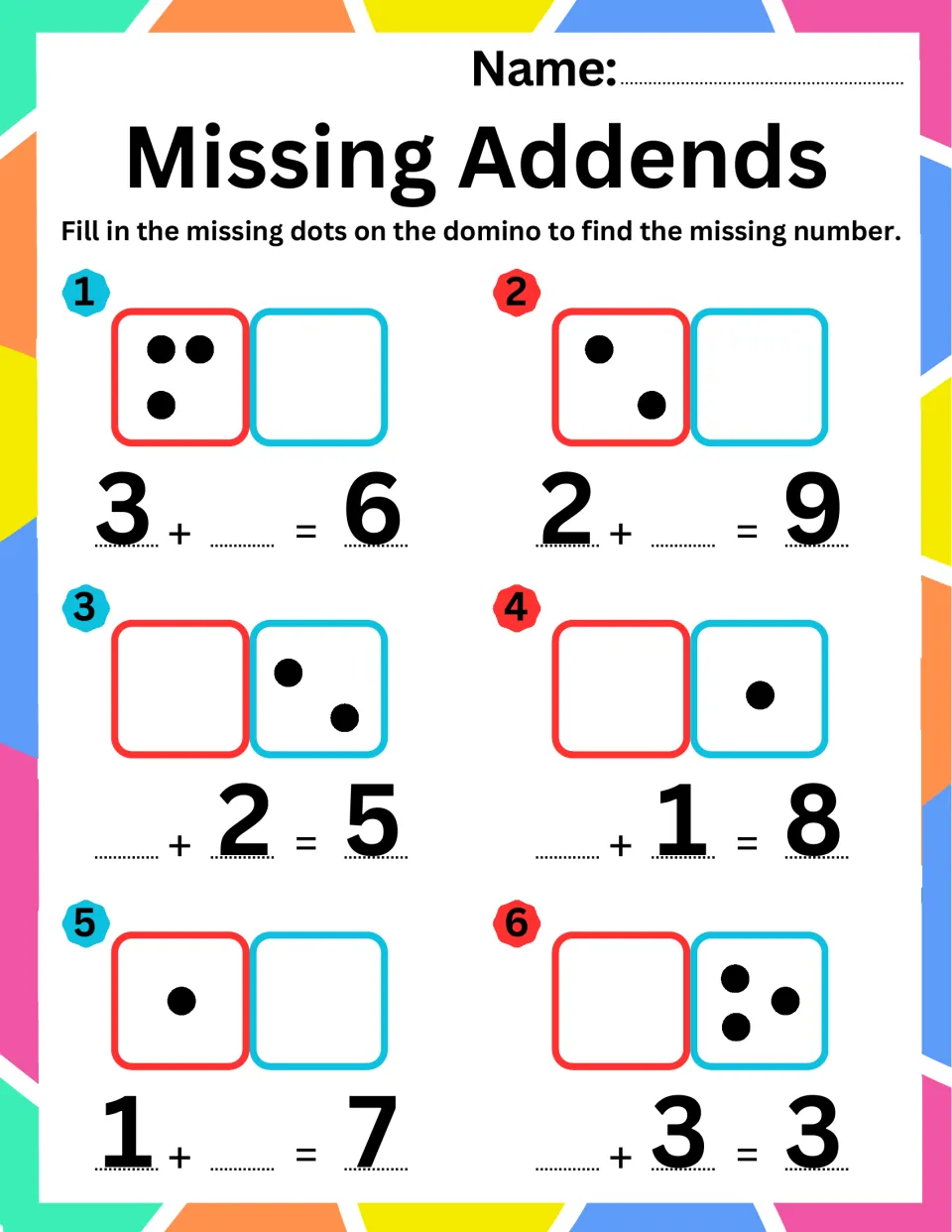 Domino missing addends: students draw dots to find the unknown part in 3 + _ = 6, 2 + _ = 9, 1 + _ = 7 and _ + 3 = 3