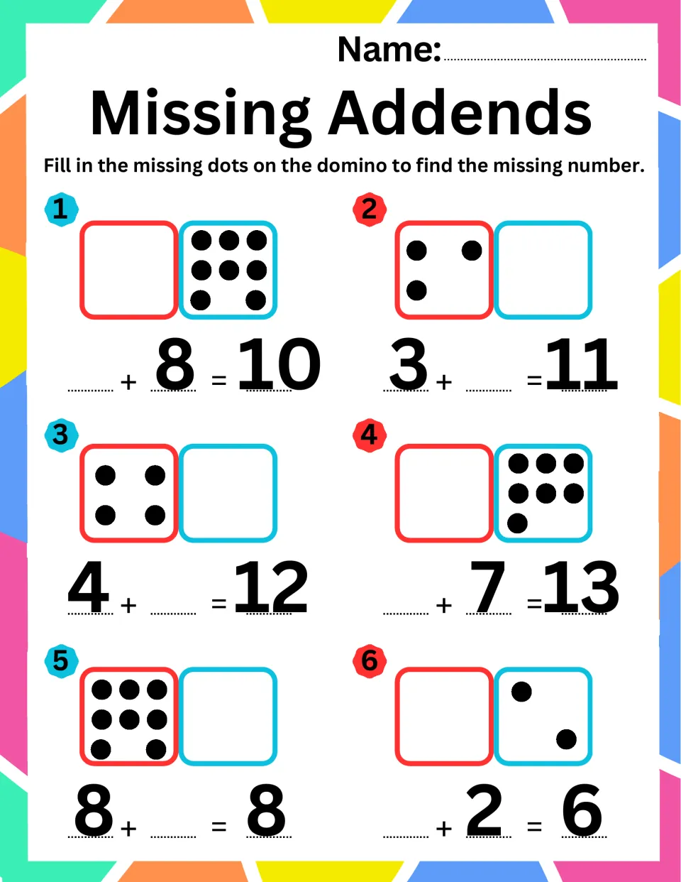 Missing addends to 13: students fill in domino dots to solve _ + 8 = 10, 3 + _ = 11, 4 + _ = 12 and _ + 7 = 13