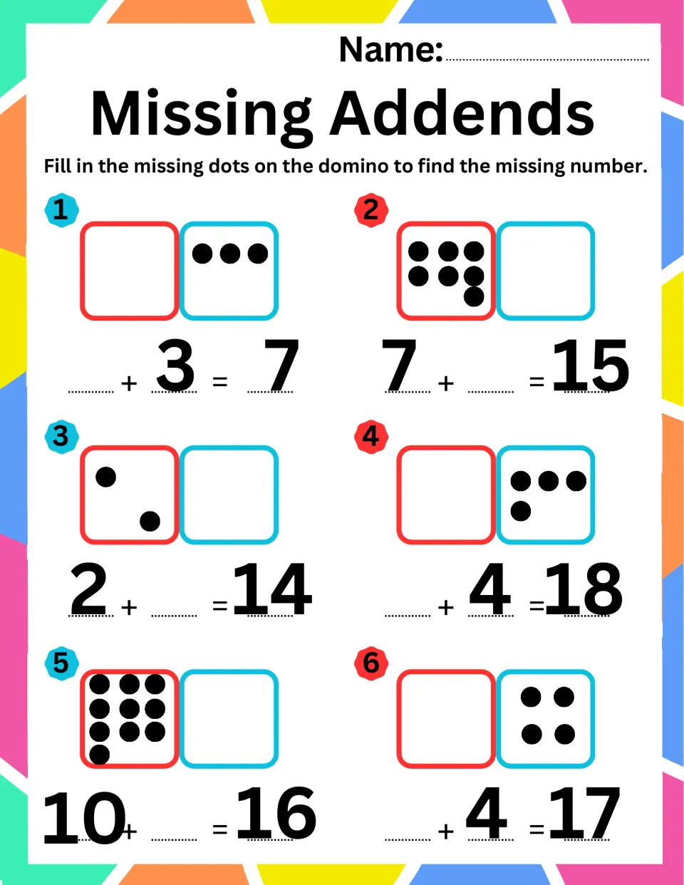 Domino missing-number sums: students draw dots to finish 7 + _ = 15, 2 + _ = 14, _ + 4 = 18 and 10 + _ = 16