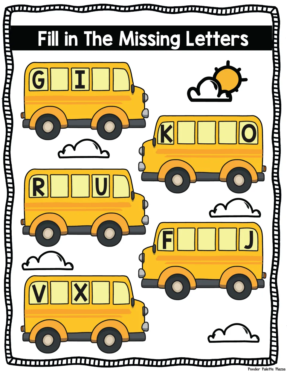 Alphabet order on five school buses: students write the missing letters in the windows around G-I, K-O, R-U, F-J, V-X