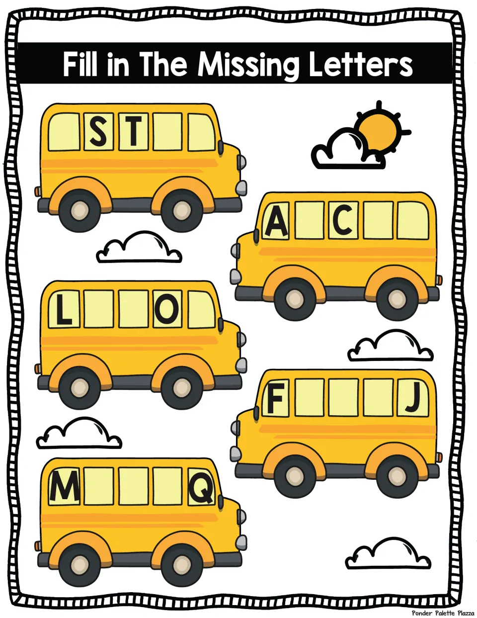 Letter sequencing on school buses: students fill the blank bus windows around the given letters S-T, A-C, L-O, F-J and M-Q