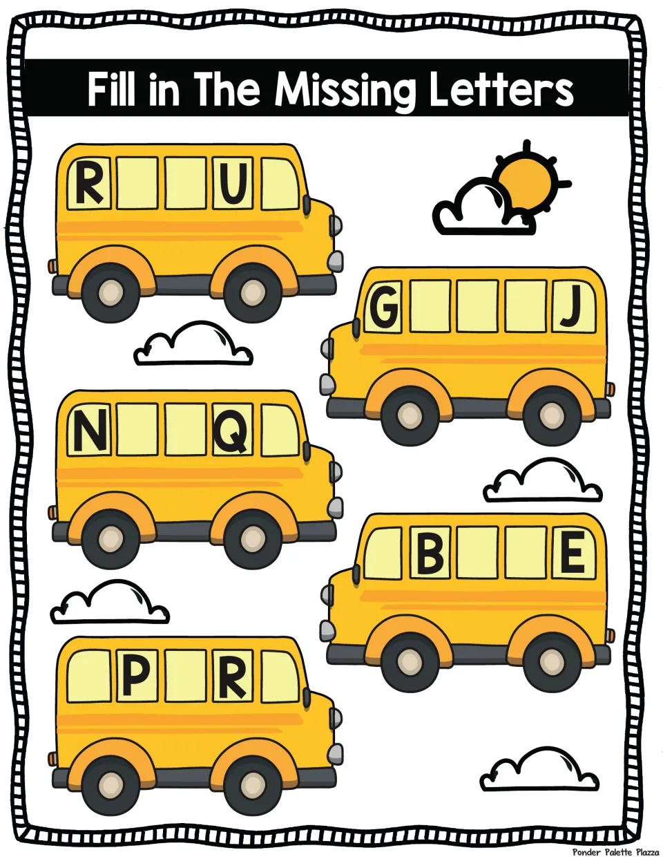 ABC order on school buses: students complete each bus's letter string from the clues R-U, G-J, N-Q, B-E and P-R