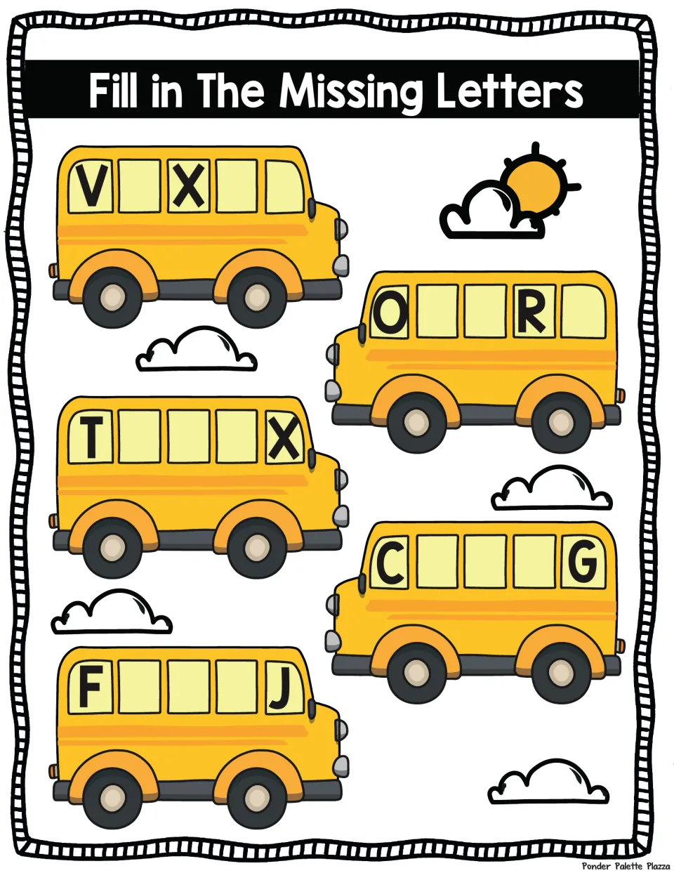 Alphabet sequence on buses: students supply the letters that complete V-X, O-R, T-X, C-G and F-J in the bus windows