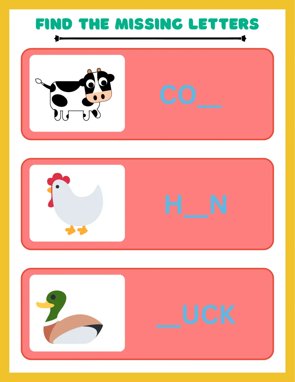 Farm animal spelling: students fill in the missing letter of CO_, H_N and _UCK using the cow, hen and duck pictures