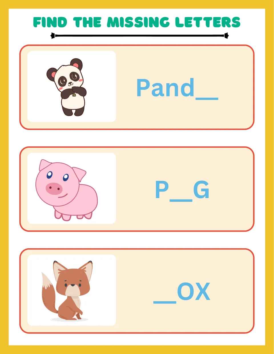 Animal word completion: students write the missing letter in Pand_, P_G and _OX beside pictures of a panda, pig and fox
