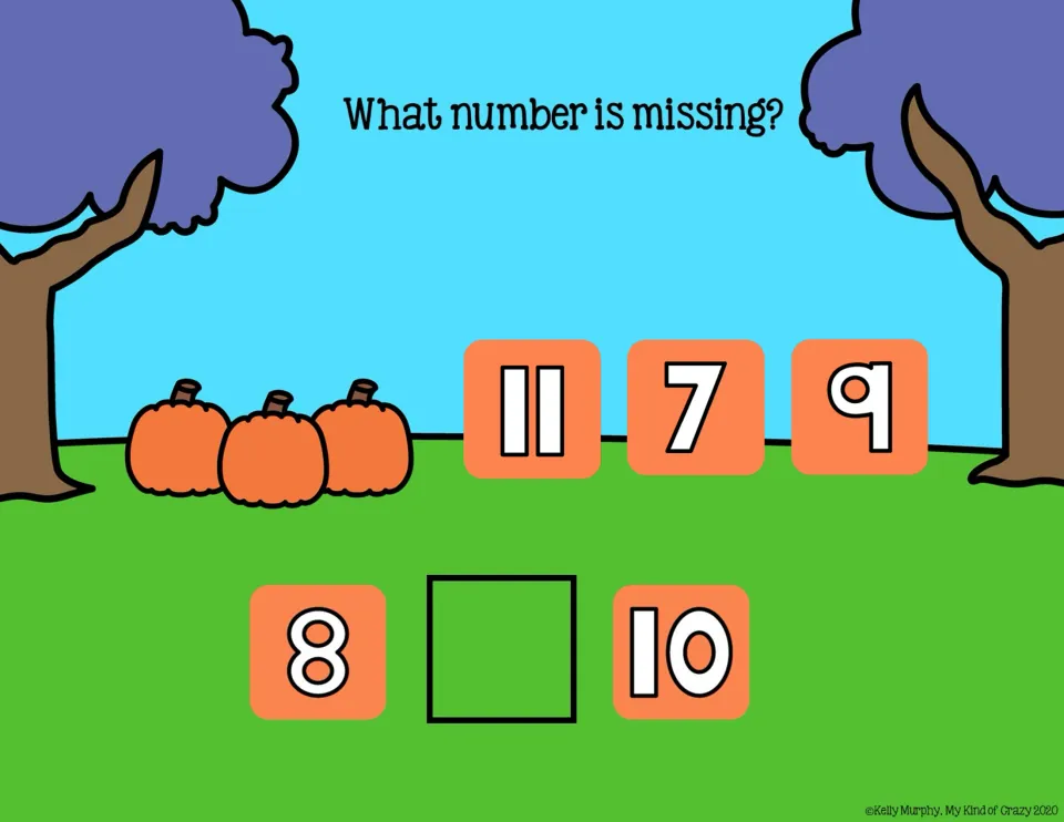 Missing-number slide 2: complete 8, __, 10 using the choices 11, 7, and 9 under 'What number is missing?'