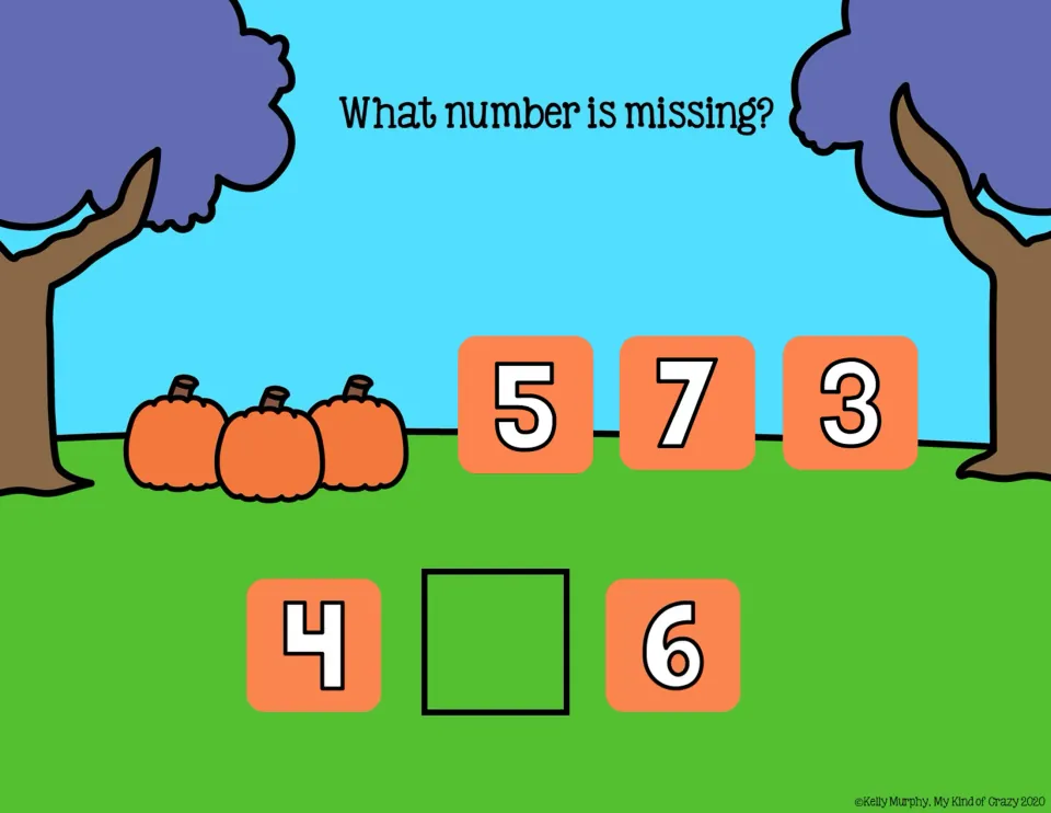 Missing-number slide 3: complete 4, __, 6 using the choices 5, 7, and 3 under 'What number is missing?'
