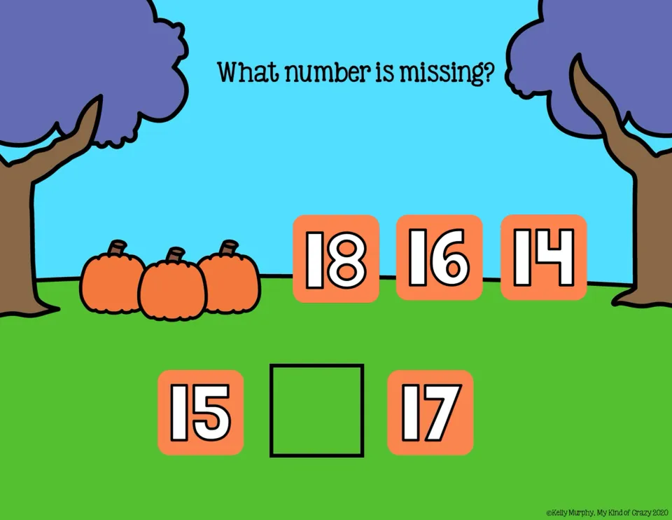 Missing-number slide 4: complete 15, __, 17 using the choices 18, 16, and 14 under 'What number is missing?'