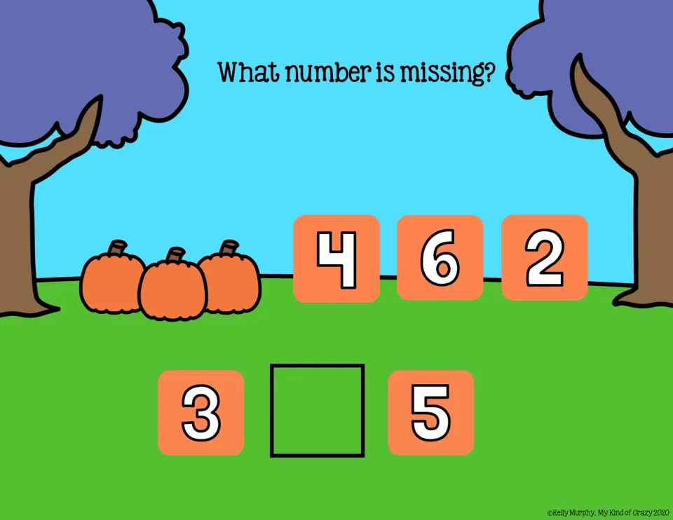 Missing-number slide 5: complete 3, __, 5 using the choices 4, 6, and 2 under 'What number is missing?'