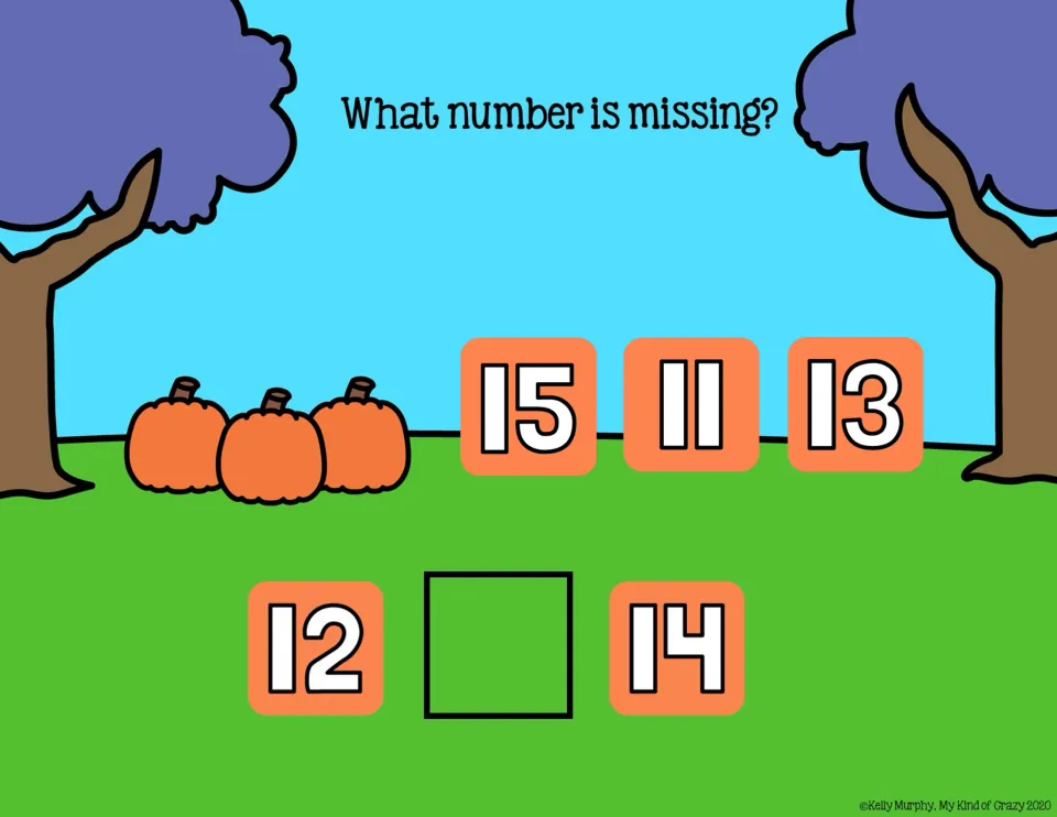 Missing-number slide 6: complete 12, __, 14 using the choices 15, 11, and 13 under 'What number is missing?'
