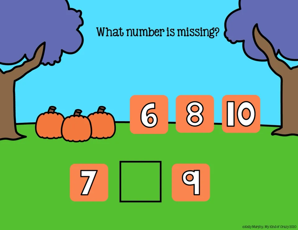 Missing-number slide 7: complete 7, __, 9 using the choices 6, 8, and 10 under 'What number is missing?'