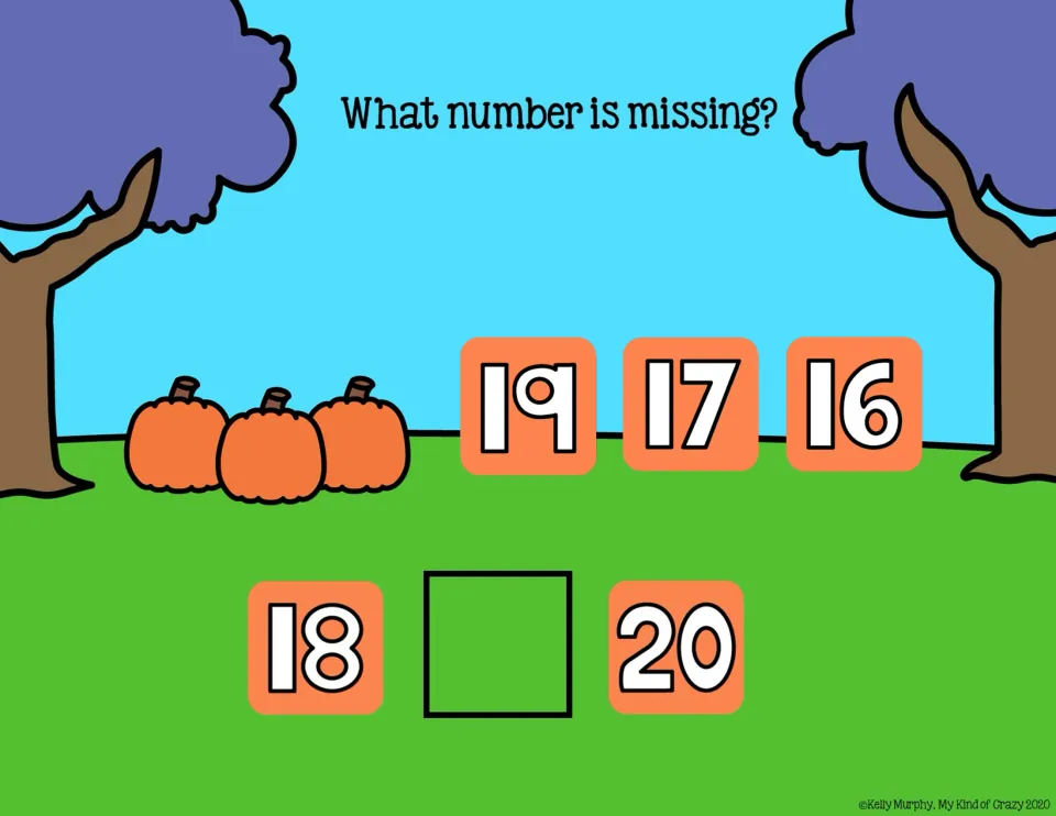 Missing-number slide 8: complete 18, __, 20 using the choices 19, 17, and 16 under 'What number is missing?'