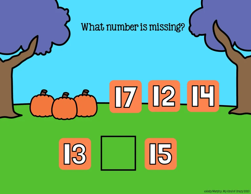 Missing-number slide 10: complete 13, __, 15 using the choices 17, 12, and 14 under 'What number is missing?'