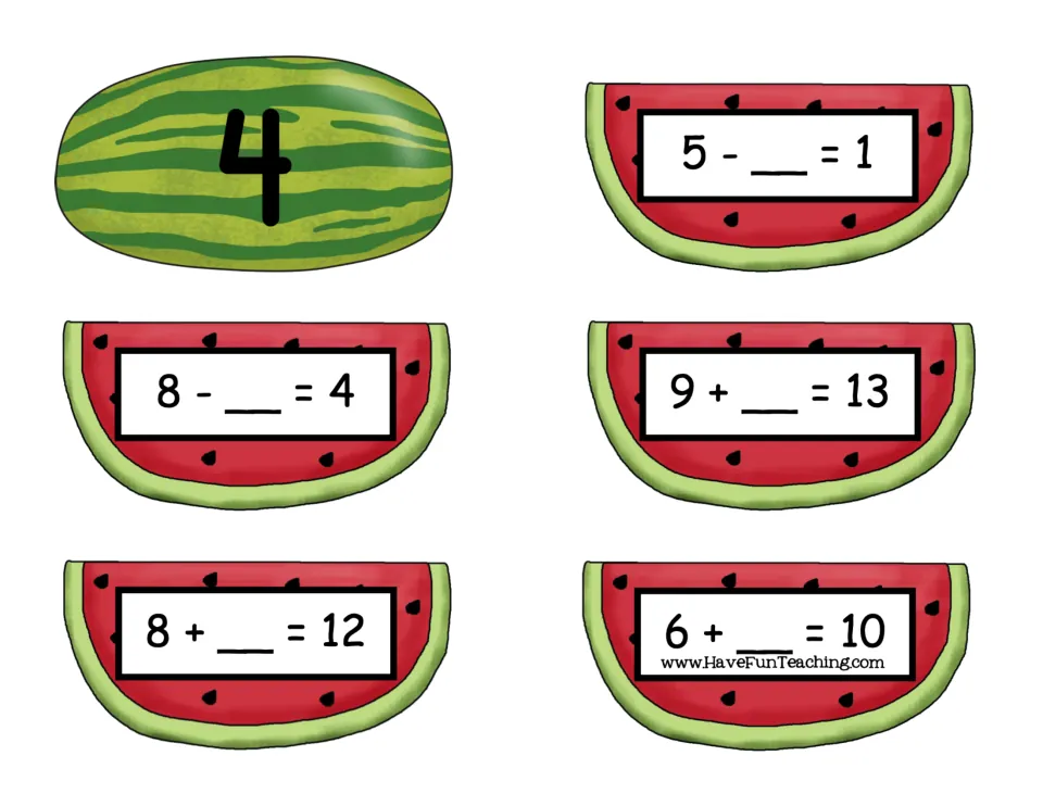 Number 4 card and five missing-number equation cards: 5 − __ = 1, 8 − __ = 4, 9 + __ = 13, and two more
