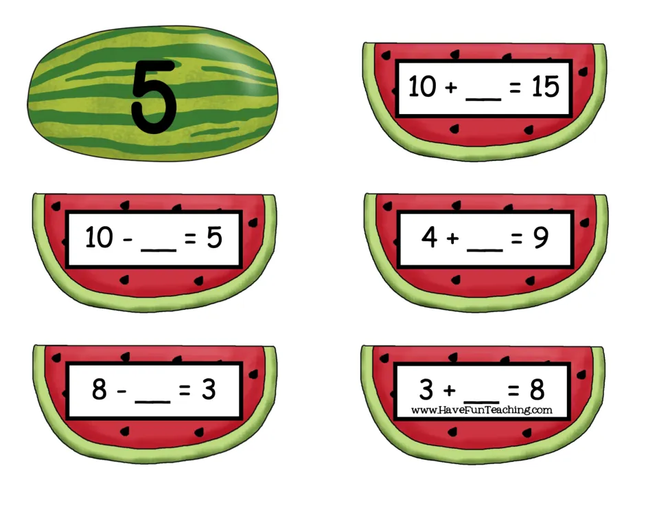 Number 5 card and five missing-number equation cards: 10 + __ = 15, 10 − __ = 5, 4 + __ = 9, and two more