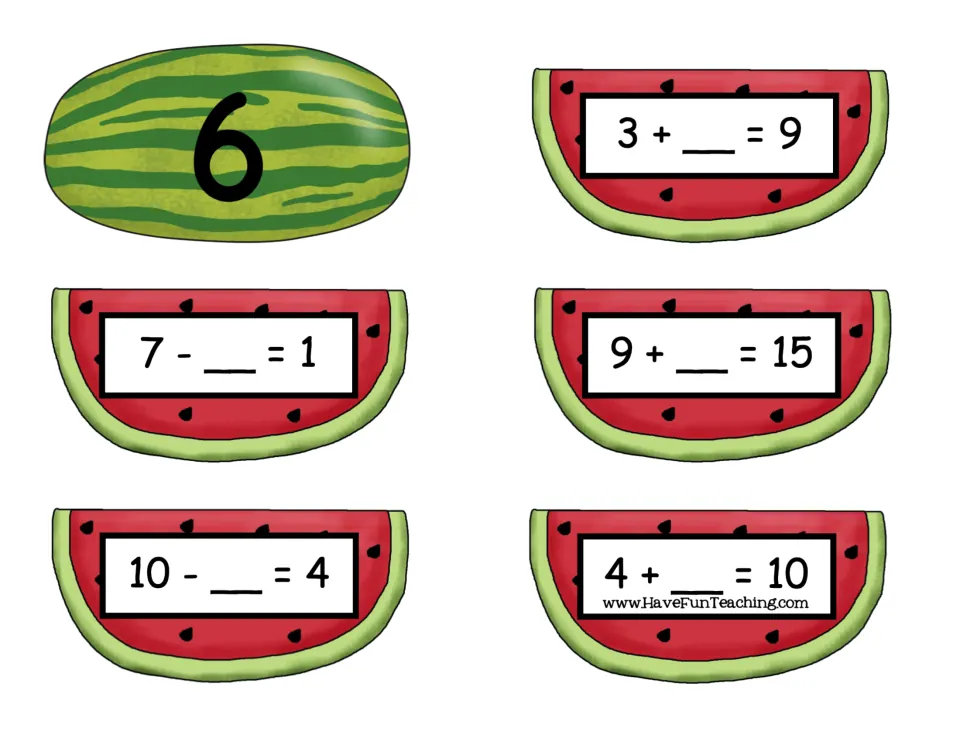 Number 6 card and five missing-number equation cards: 3 + __ = 9, 7 − __ = 1, 9 + __ = 15, and two more