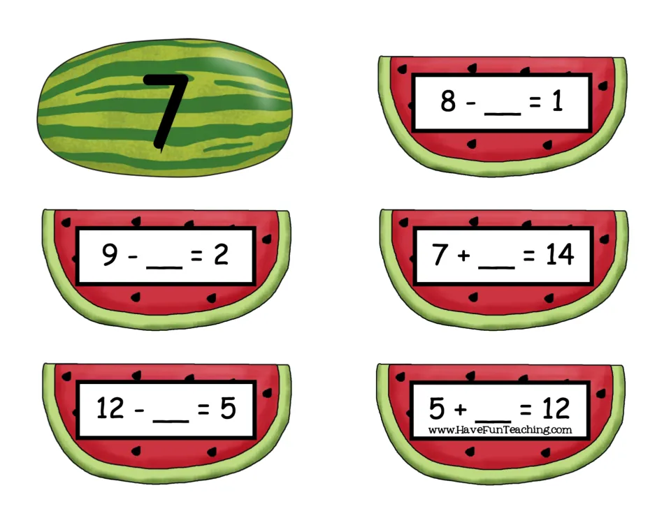 Number 7 card and five missing-number equation cards: 8 − __ = 1, 9 − __ = 2, 7 + __ = 14, and two more