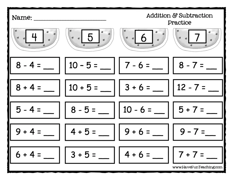 Addition & Subtraction Practice sheet: 20 equations using 4, 5, 6, and 7, with missing sums and differences