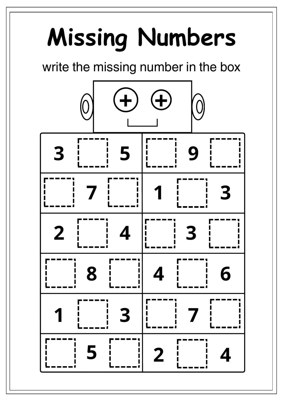 Missing Numbers counting to 10: students fill in the number before, after or between in 12 sets such as 3 _ 5 and _ 9 _