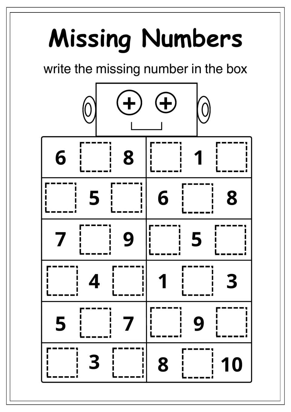 Missing Numbers to 10: students complete 12 sequences such as 6 _ 8, _ 1 _ and 8 _ 10 by writing the neighbor numbers