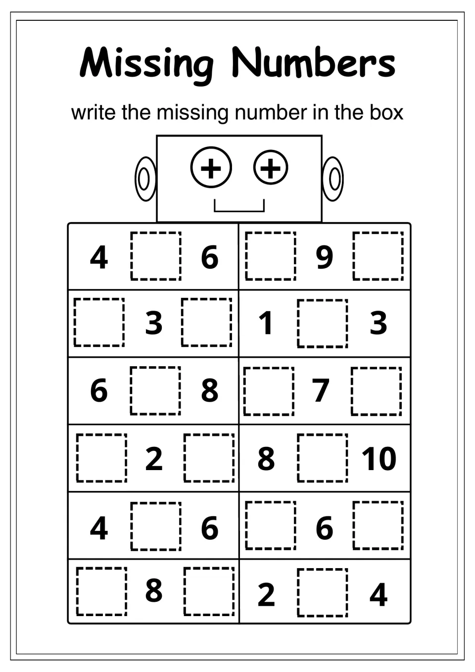 Missing Numbers to 10: students write the number that comes before, after or between in 12 sets such as 4 _ 6 and _ 2 _