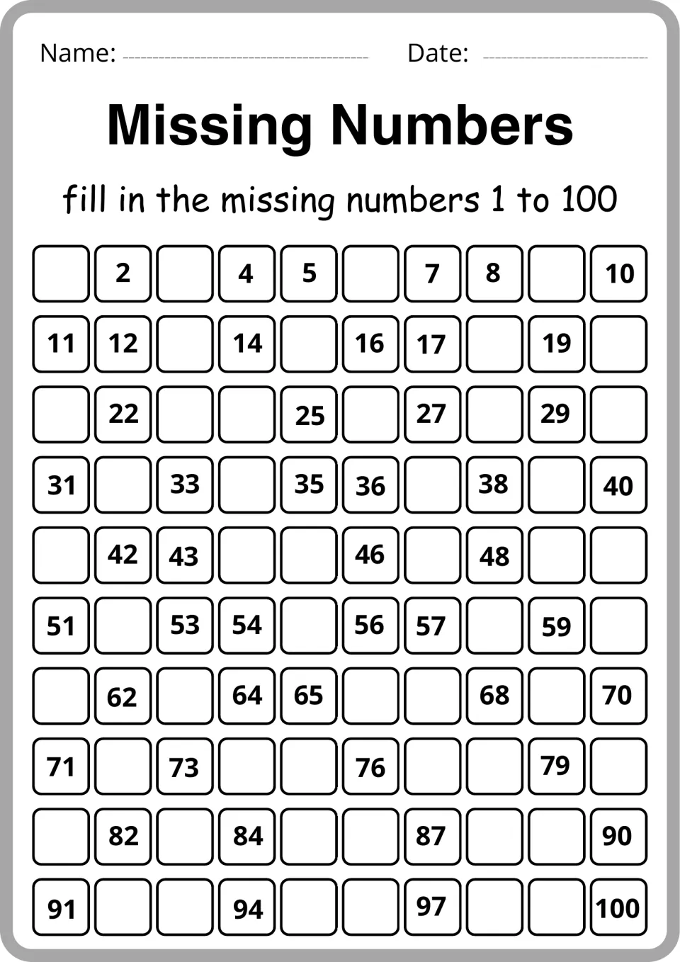 Hundred chart fill-in, second version: students write numbers left out, such as 1, 3, 6 and 9, counting on up to 100