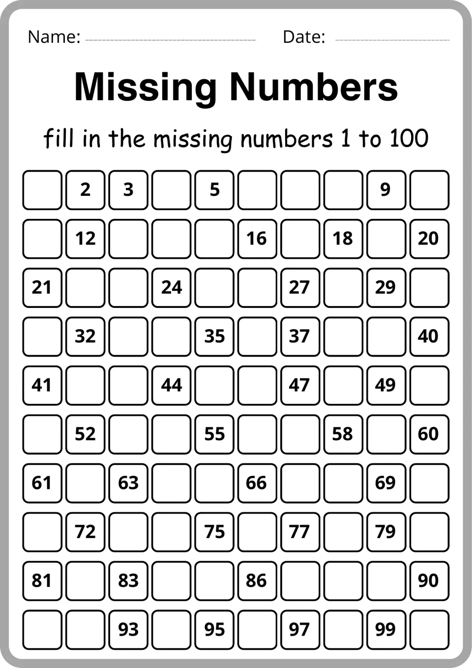 Missing numbers challenge: fewer clues are given, so students fill long gaps in a 1-100 chart between numbers like 5 and 9