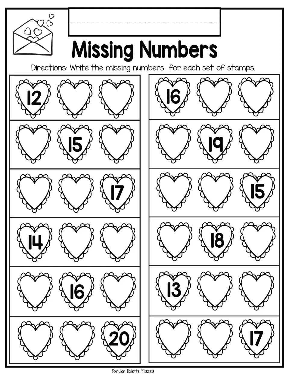 Missing-number practice sheet 1: complete 12 three-number stamp sets, including 12, __, __ and __, 15, __.