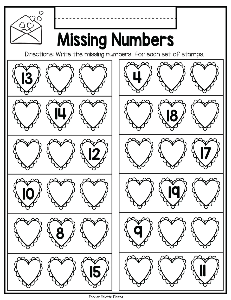 Missing-number practice sheet 2: complete 12 three-number stamp sets, including 13, __, __ and __, 14, __.