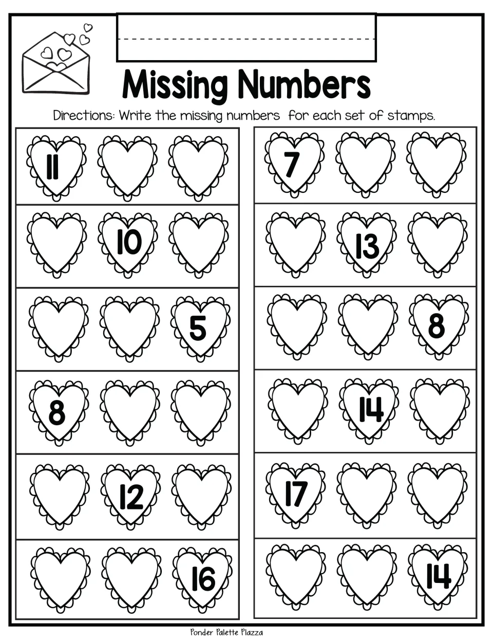 Missing-number practice sheet 3: complete 12 three-number stamp sets, including 11, __, __ and __, 10, __.
